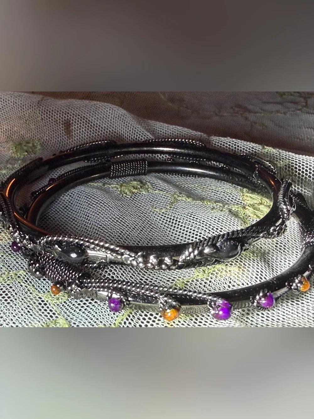 Vintage Gothic Twisted Metal and Jeweled Bangle Bracelet set
